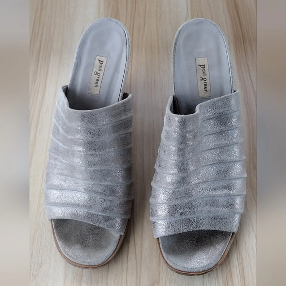 PAUL GREEN Múchen Smoke Gray Metallic Leather Slides Heels Size UK 7 US 9 - Picture 1 of 6